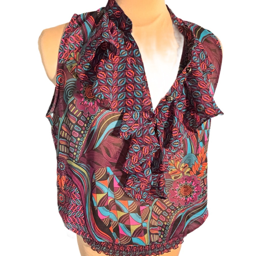 Bisou Bisou Sheer Geometric Print Sleeveless Blouse Ruffle V Neck Boho Top L